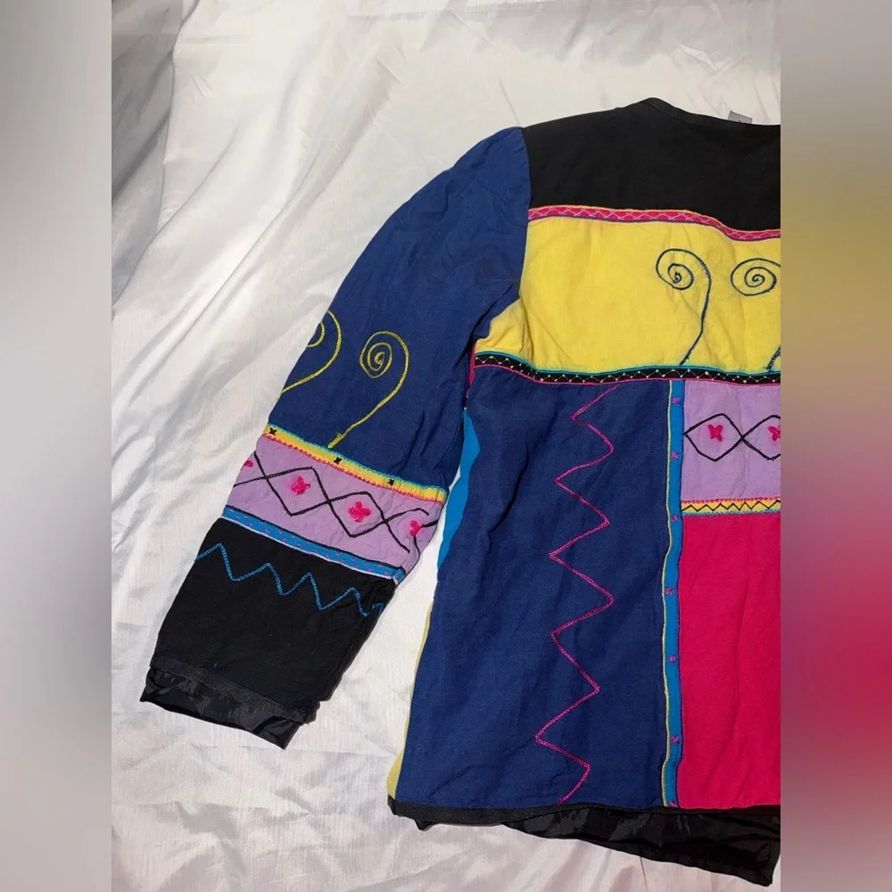 VTG Indigo Moon Patchwork Embroidered Jacket Boho Artsy Coat L